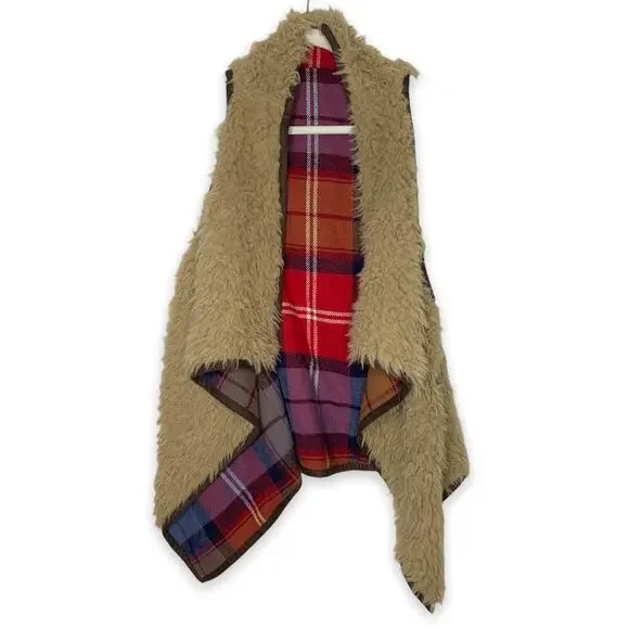 3/$20 Mossimo Supply plaid flannel lined reversible faux fur vest Small Medium - Picture 2 of 6